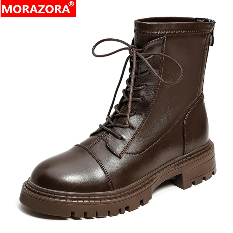 MORAZORA 2024 New Genuine Leather Boots Women Shoes Lace Up Stretch Ankle Boots Fashion Ladies Street Dress Shoes Size 35-41