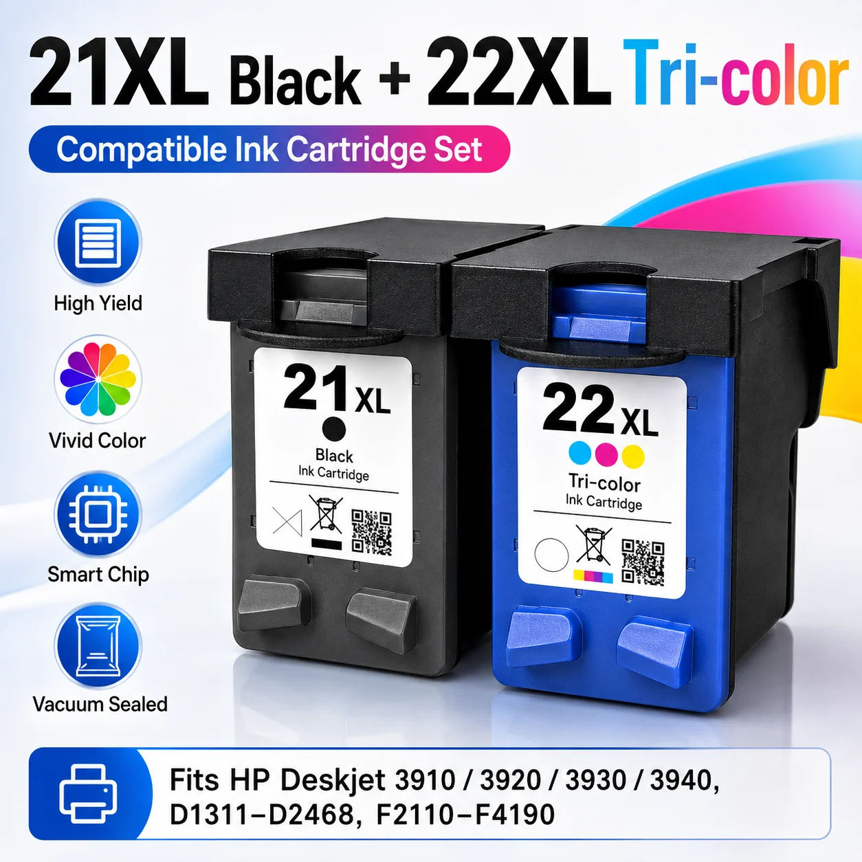 21XL 22XL Compatible Ink Cartridge Set for HP DeskJet 3910 3920 3930 3940 D1311-D2468 F2110-F4190 Black Tri-Color