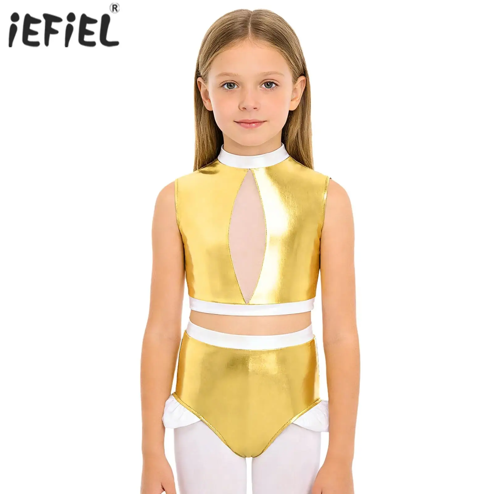 

Детский гимнастический купальник для девочек, костюм для балета и танцев, с невидимой молнией, металлический укороченный топ с оборками и шортами