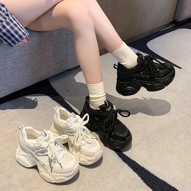 8CM Women Chunky Sneakers New 2026 Spring Crystal Lace-up High Platform Shoes Breathable Sport Shoes Wedge Heel Casual Dad Shoes - view 6