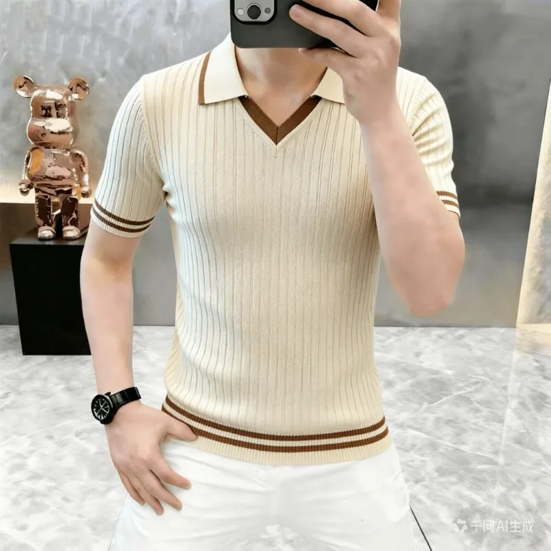 Summer Men's Short Sleeved T-shirt Luxury Striped Knitted Jacquard Casual Tshirts Versatile V-neck Business Social Polo Shirt