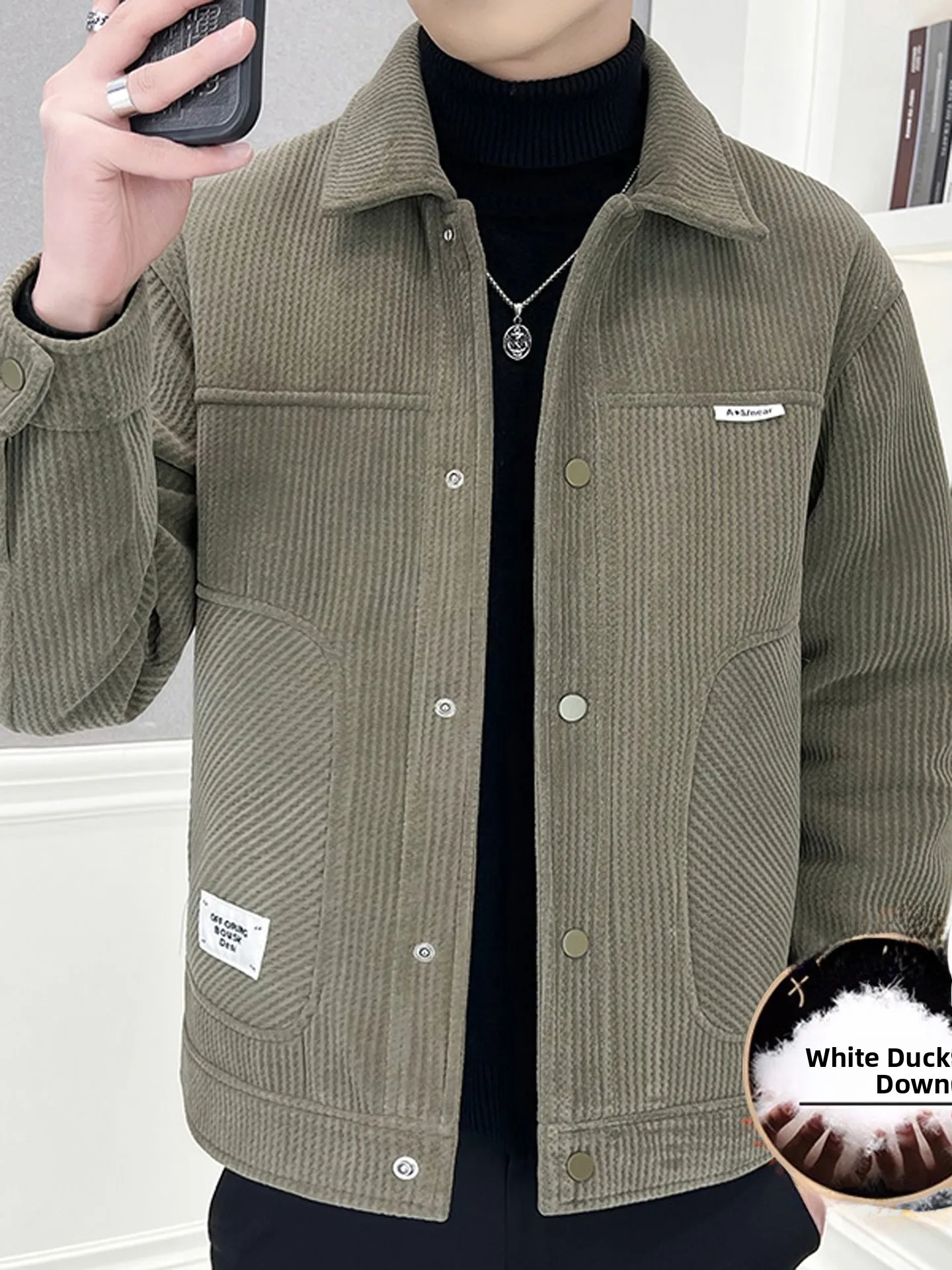 

Men's Winter Thiened down Jaet Collar Coat European Velvet Youth Warm Top Stand Fit Long Sve ort Length Faionable