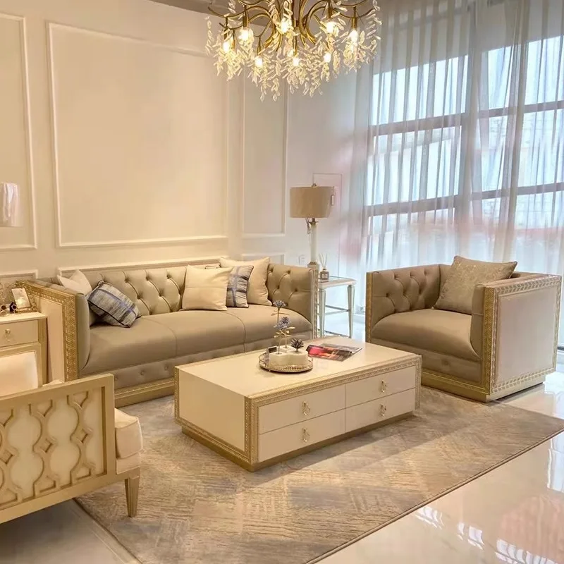 Solid wood carving flower three living room villa leather champagne gold single court sofa