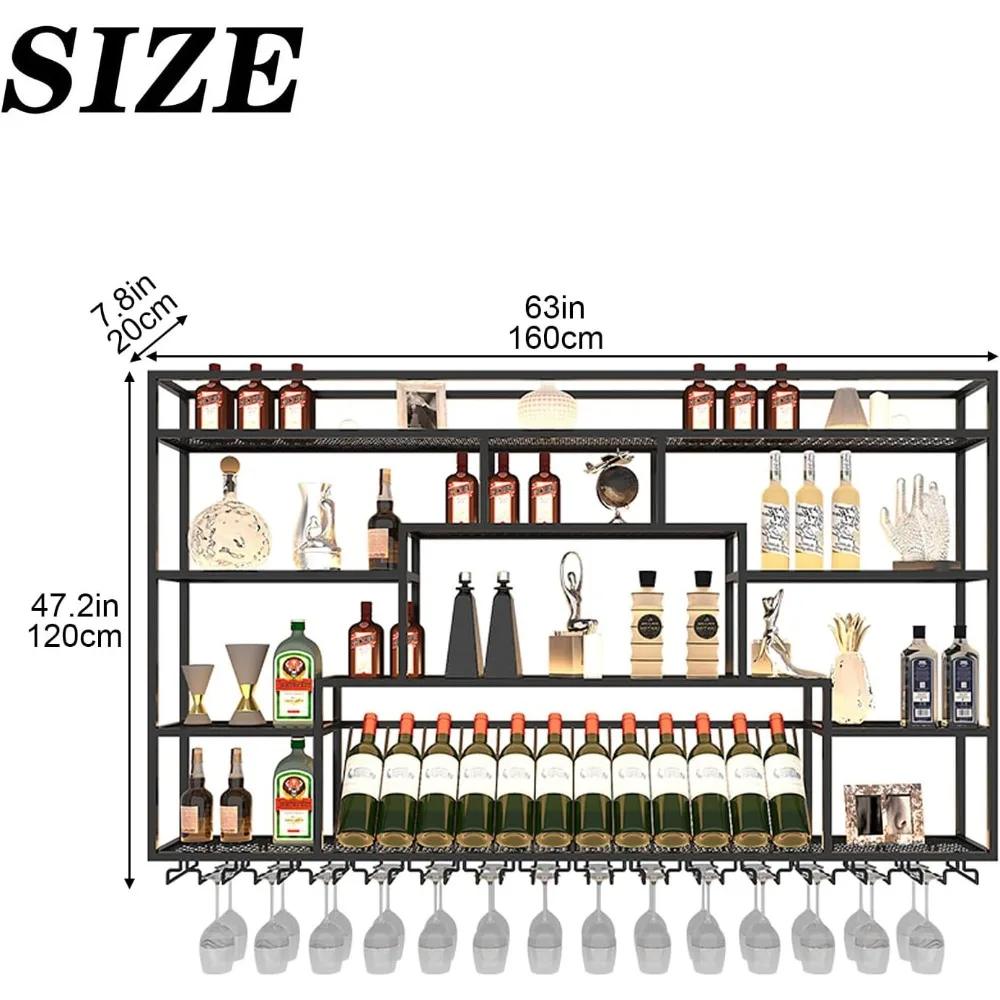 Wall Mounted Wine Rack, Metal Bar Liquor Shelves and Glass Holder, Multi-layer Wall Bar Shelf Wine Display Storage Hanging