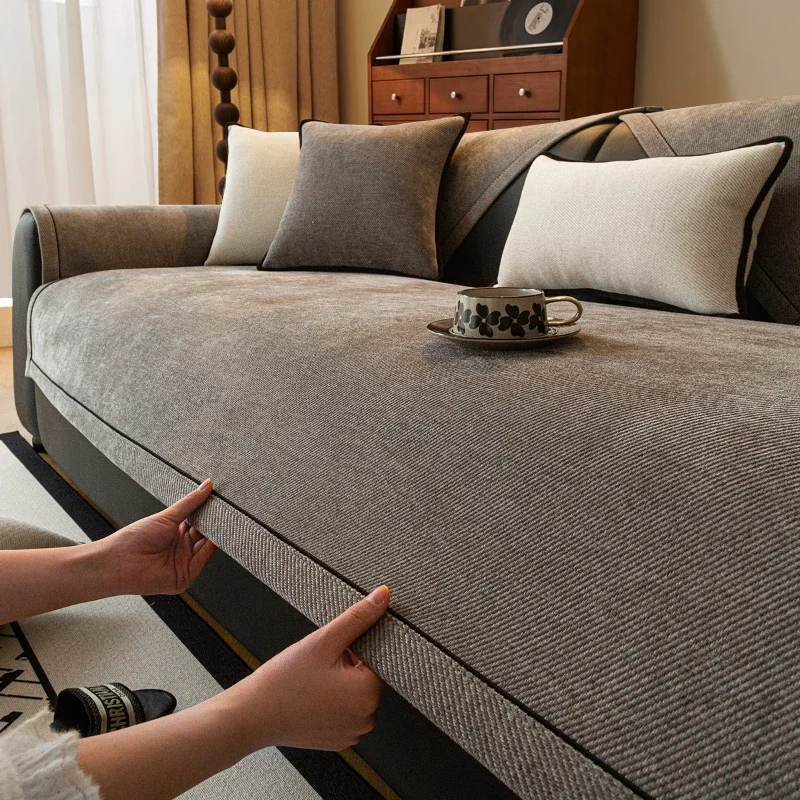 Black Lines with Wide Edges Chenille Sofa Cover All Seasons Universal Living Room Non-slip Seat Cover Couch Slipcover Sofa Towel