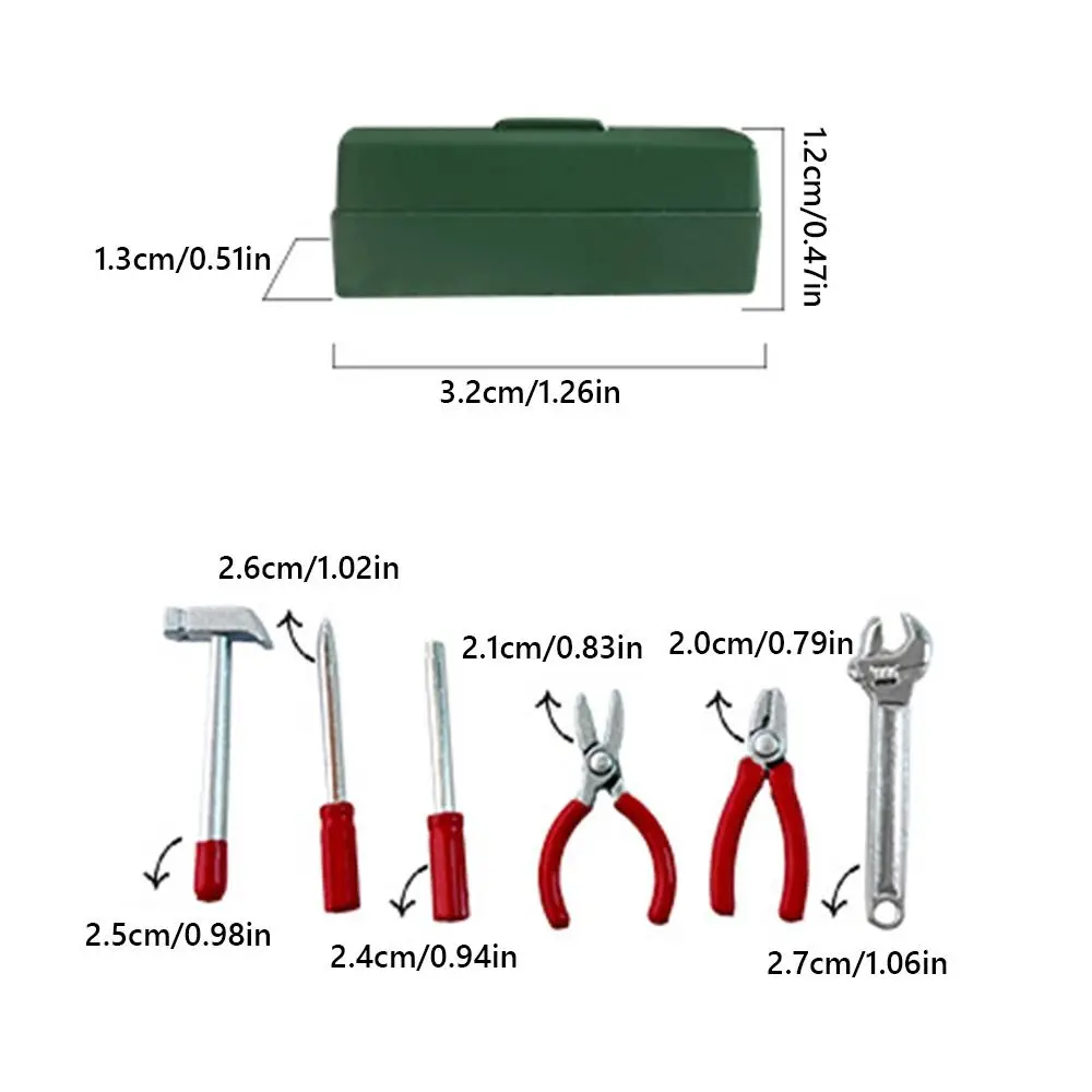 Caixa de ferramentas para casa de bonecas, escala 1:12, multicolorida com caixa de armazenamento, modelo de simulação, alça vermelha, mini ferramentas de reparo