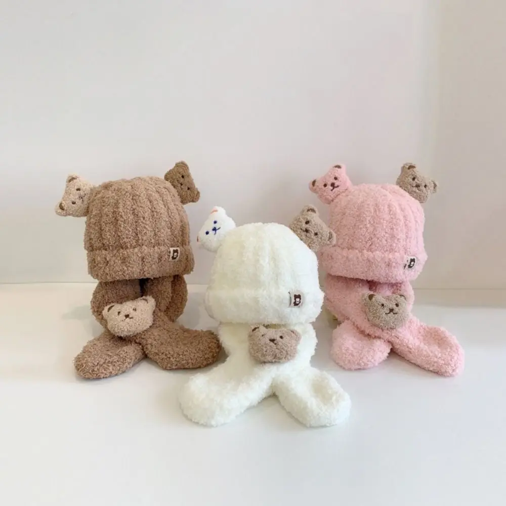Cute Fluffy Bear Autumn Winter Hats Ear Protection Windproof Hat Scarf Set Warmer Warm Bonnet for Children - view 2