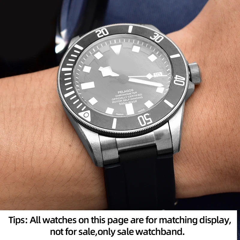 محدب واجهة سيليكون حزام ساعة اليد ل تيودور Pelagos توماهوك سلسلة 25500 25600 مقاوم للماء المطاط حزام (استيك) ساعة لينة الأسود