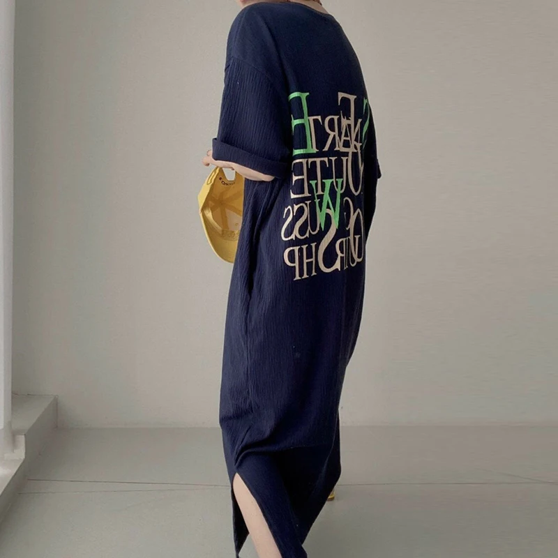 Casual rotondo Ne Lettera Stampa Design pieghettato Allentato ort Sve Split Dr Donna Faionable Pendolarismo Coreano Sle Long Dr