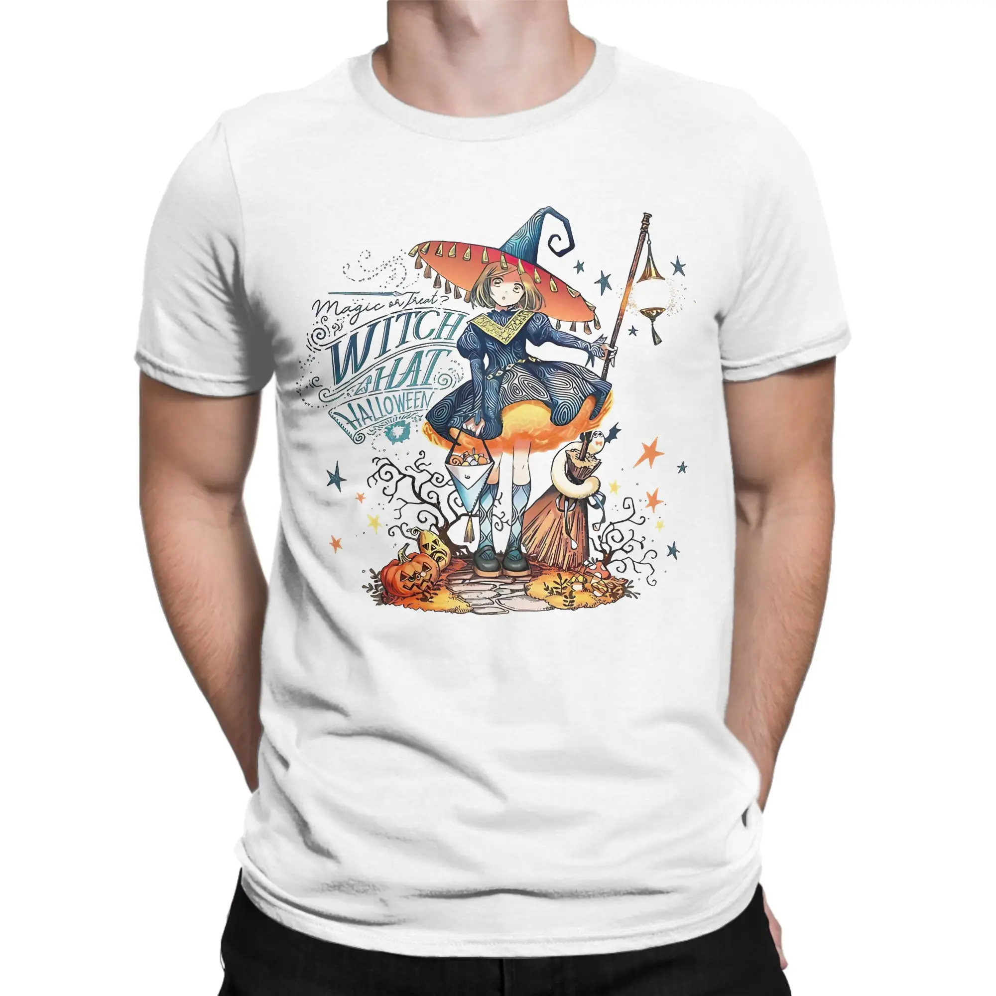 Camiseta Masculina e Feminina com Estampa de Chapéu de Bruxa Mágica, Algodão Puro, Vintage, Manga Curta, Tamanhos Grandes, para Halloween