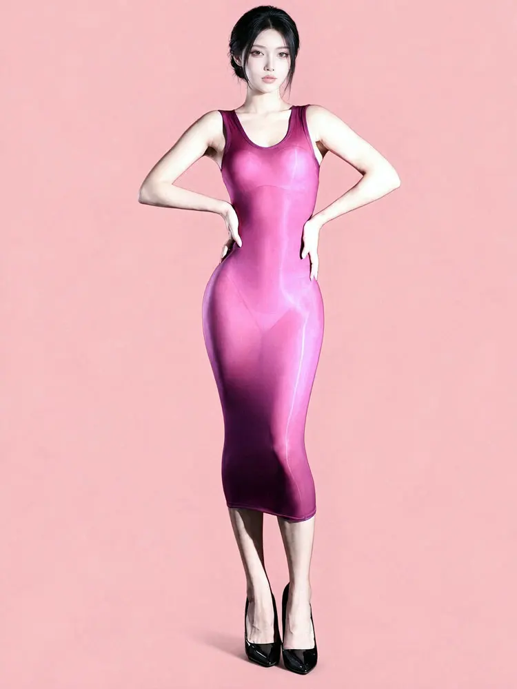 Sleeveless Women Long Pencil Dresses High Elastic Oil Shiny Glossy Bodycon Package Hip Dresses Woman Nightclub Miniskirts