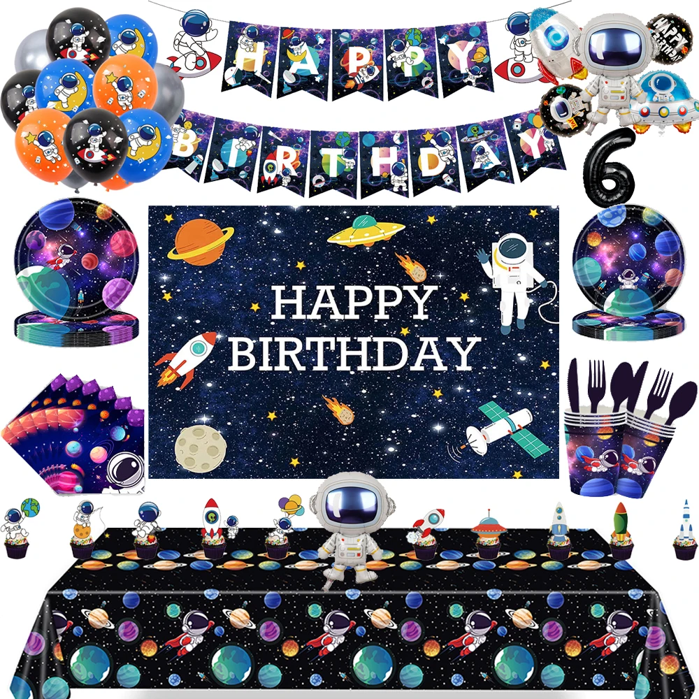 

Planet Astronaut Birthday Party Decorations Disposable Paper Cup Plate Napkin Balloons Set Kids Space Universe Party Supplies