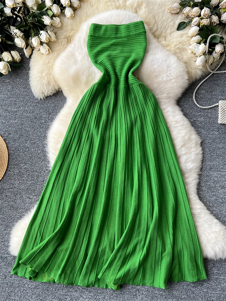 SINGREINY Beach Vacation Fashion Dress Ladies Strapless Sleeveless Bodycon Crimping High Quality Solid Senior Knitted Midi Dress