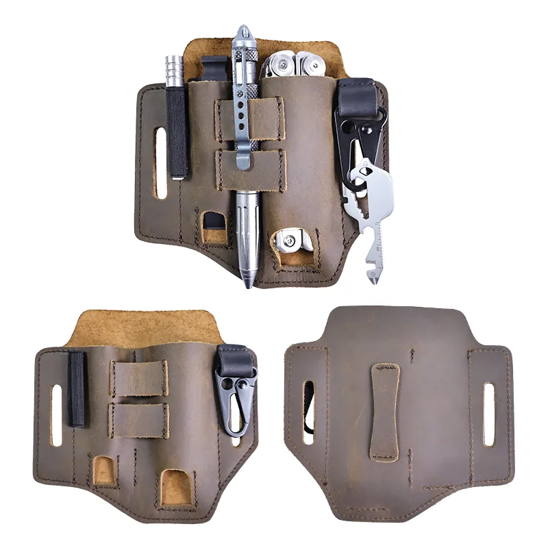 Outdoor Work Multitool Holder Sheath Tactical Fanny Pack, Genuine Leather EDC Organizer, Folding Knife Tool, Waist Belt Bag