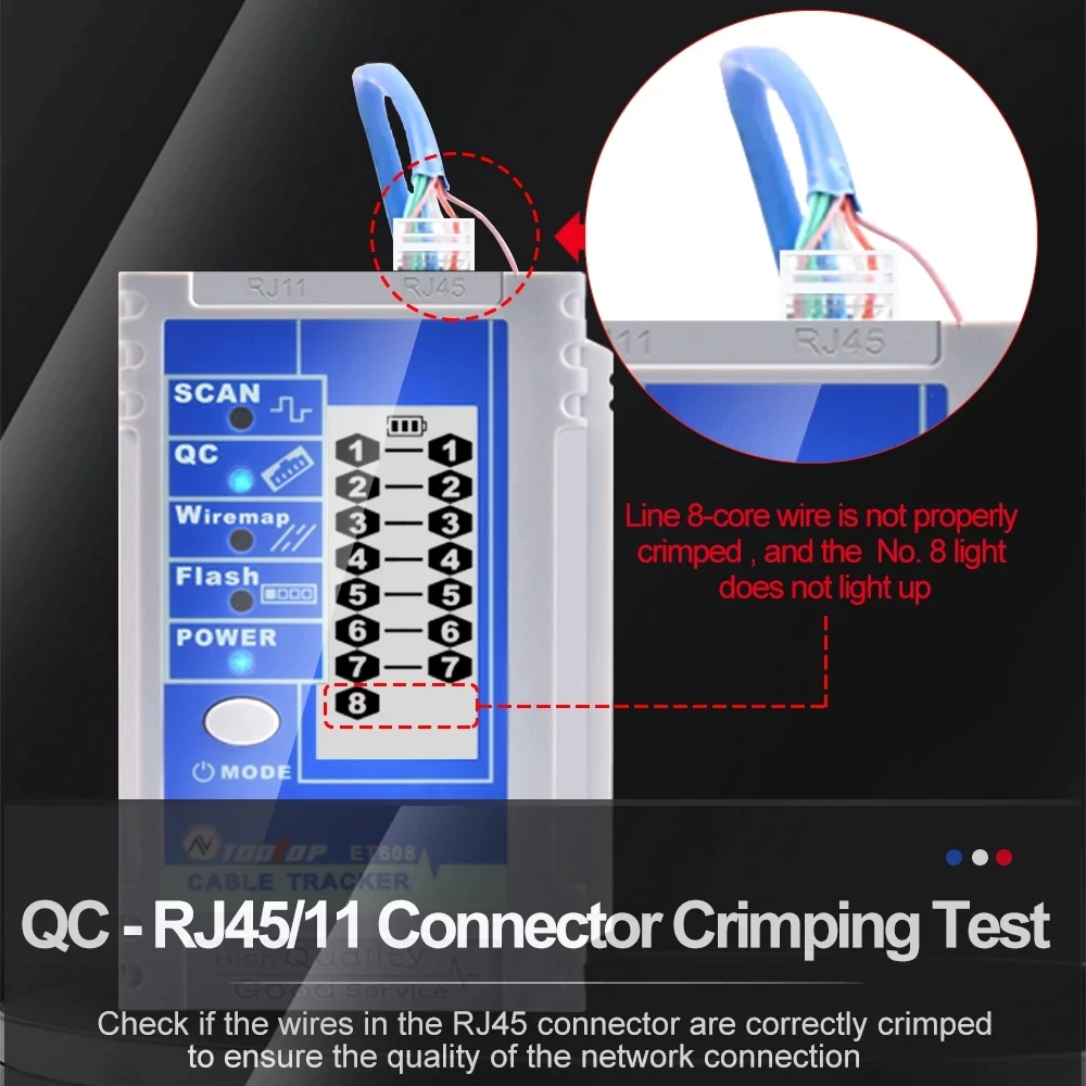 TOOLTOP ET608 LCD Tracer sieciowy RJ45 RJ11 Test zaciskania linii Tester kabla LAN 60V wytrzymuje narzędzia do naprawy sieci