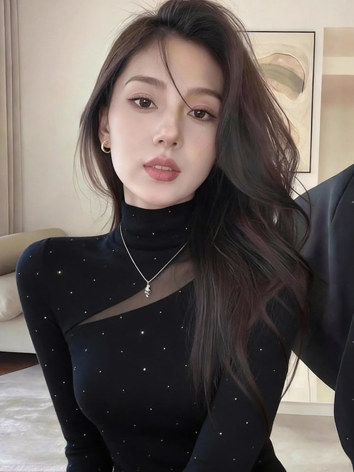 

Потрясающая женская базовая кофта с высоким воротником, новинка 2026 года, с термостразами, черный топ, весна-зима, корейский стиль