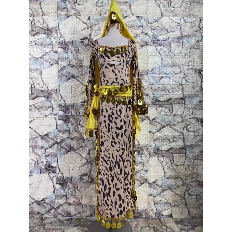 

Customized Belly Dance Costumes Leopard Pattern Slimming Robe Headscarf Shining Belt Oriental Dance Baladi Saidi Robe Dress