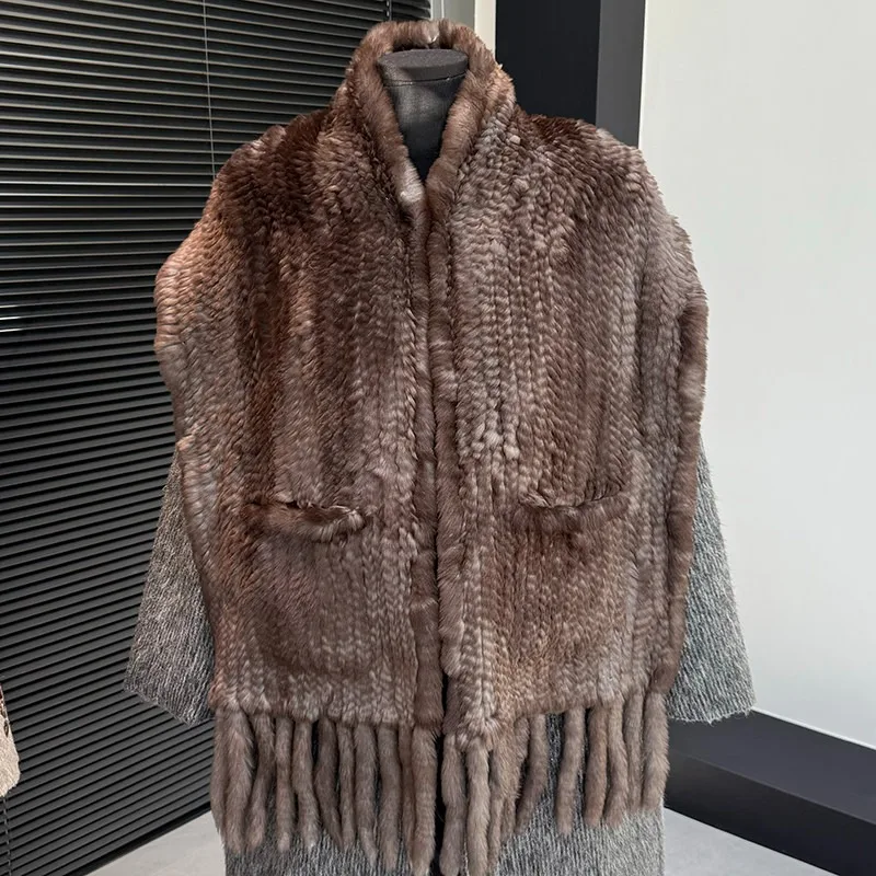 Winter Warmth Real Rabbit Fur Scarf Double-sided Women With Tassel Style Large Scarf Pocket Design Rabbit Fur Braided Fur Shawl