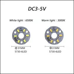 Alto brilho led smd5730 DC3-5V cor lâmpada grânulo placa de luz lâmpada redonda transformação fonte de luz diâmetro 31mm branco luz quente