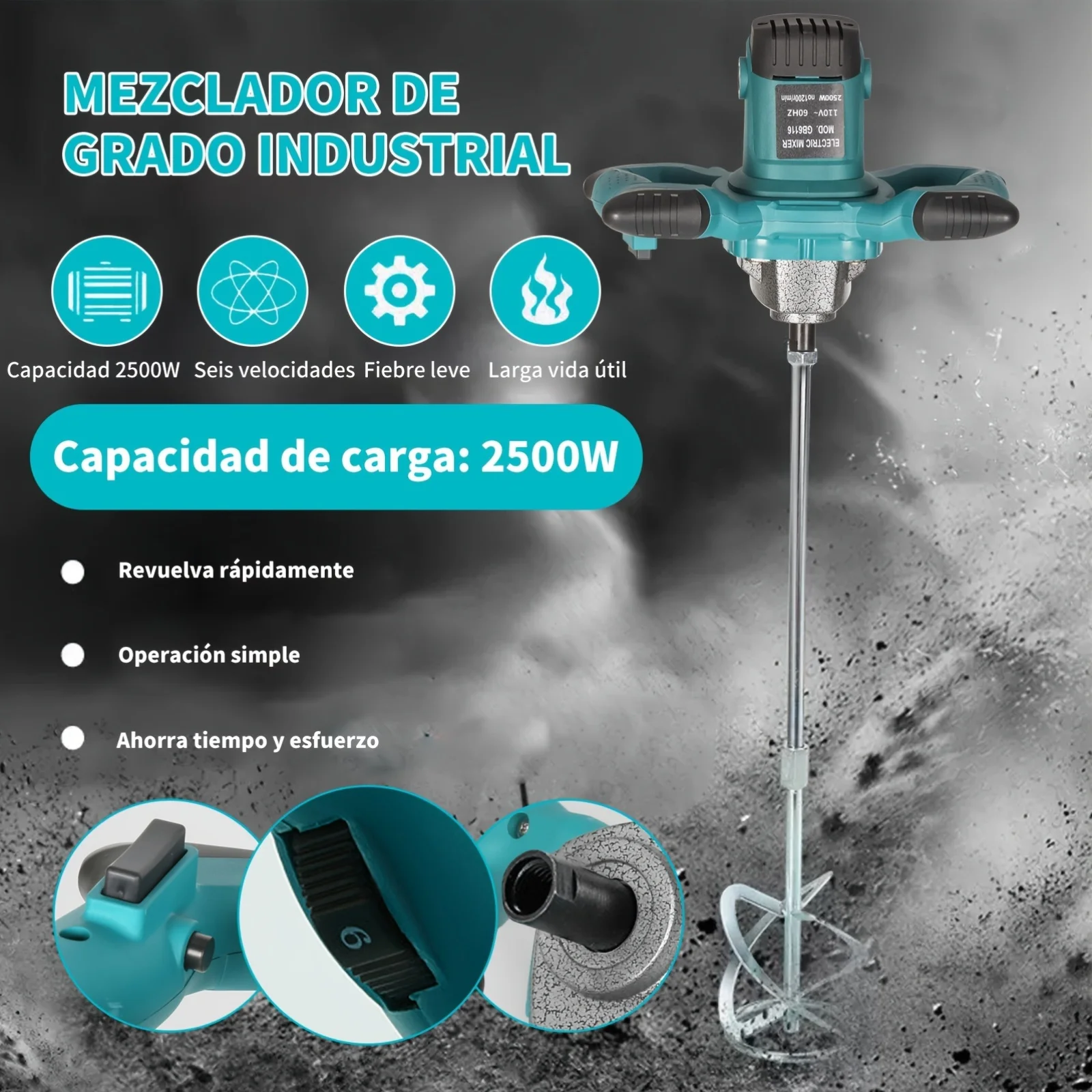 

2500W Handheld Electric Mixer 6 Speed Adjustable Paint Putty Cement Concrete Mixing Machine, Portable Mud And Concrete Master - Durable 110V Mixer for Mixing Mud, Cement, Mortar, Paint, Fodder