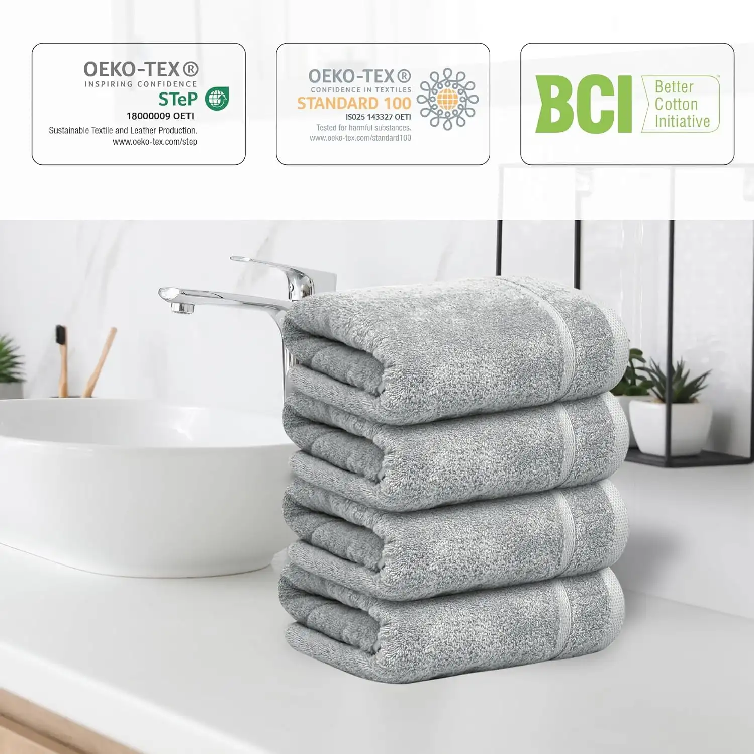 100% Turkish Cotton Wash Cloths 13x13 Inches Pack of 4 Face Towels Grey Double Stitched Hem with Natural Weave