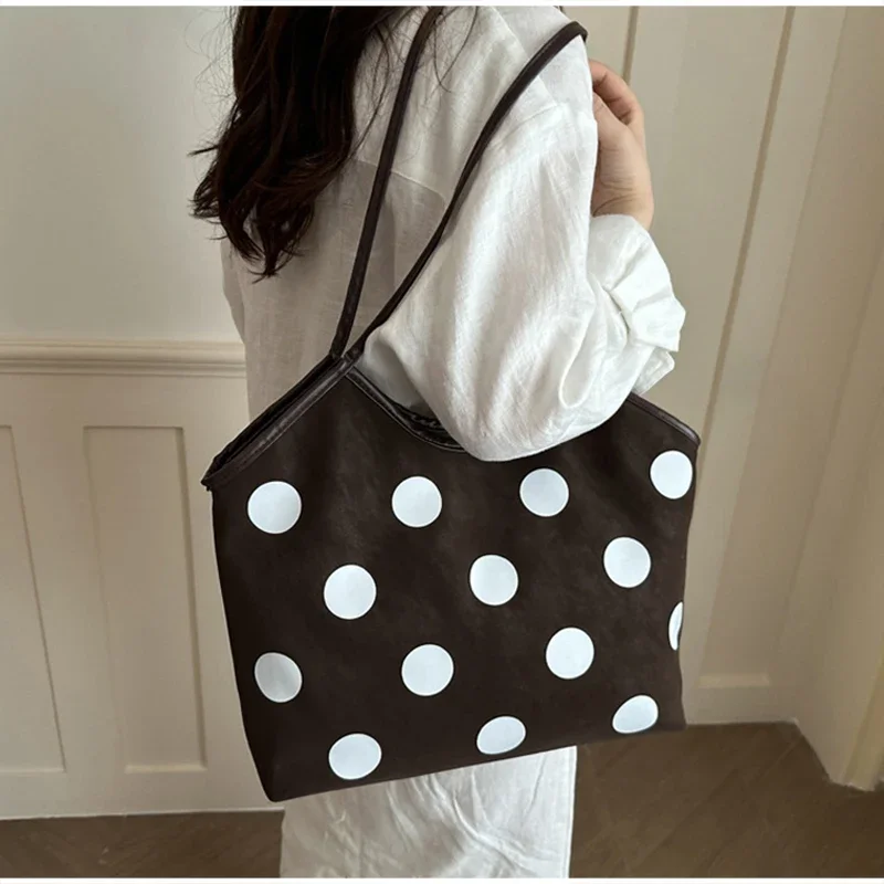 Koreanische Schultertasche mit Polka-Dot-Muster, Vintage-Kunsthandwerkliche Canvas-Tragetasche für Damen, lässige Alltagstasche mit Henkel. – Detail 10