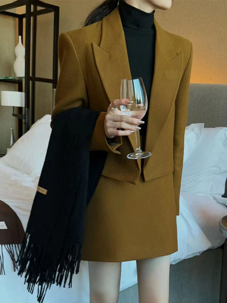 

Women's Woolen ort Suit Dr Set Thiened Two-Piece Suit Commute Sle Pure Color Straight Cut Long Sve Autumn Winter