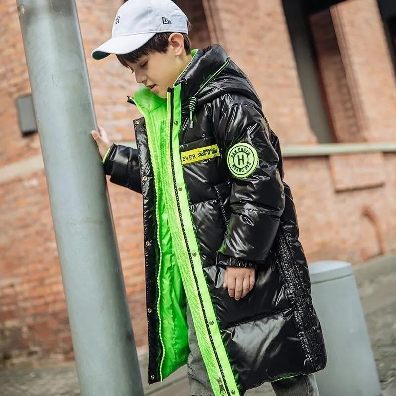 Boys Mid-Length Glossy Down Jacket Fleece Lined Thermal 2025 Winter New Stylish  Boys Cotton Coat