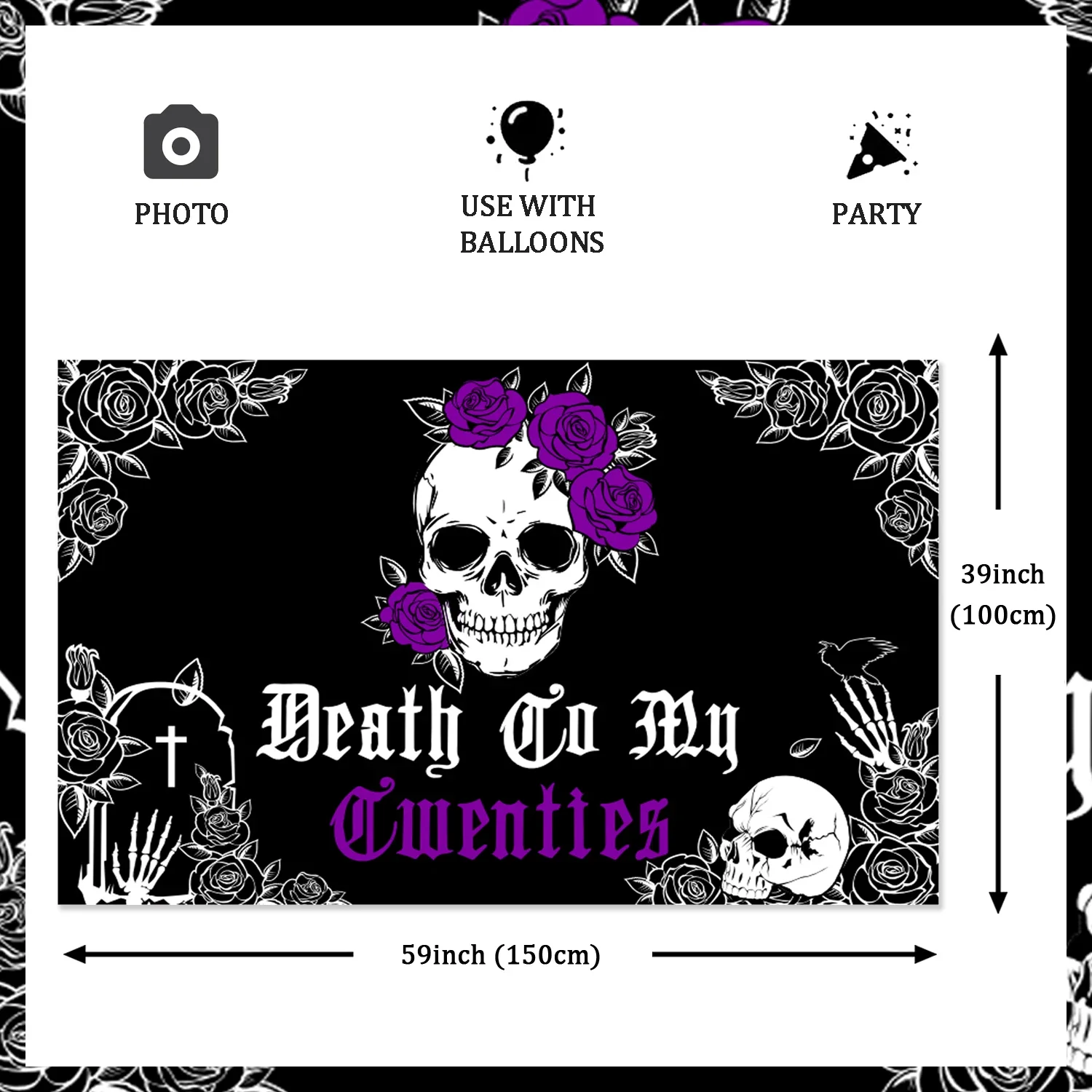 Kreatwow-Death To My 20s Backdrop, Birthday Party Decorations, Funeral Gothic Skull, Tombstone, Photo Props, 30th