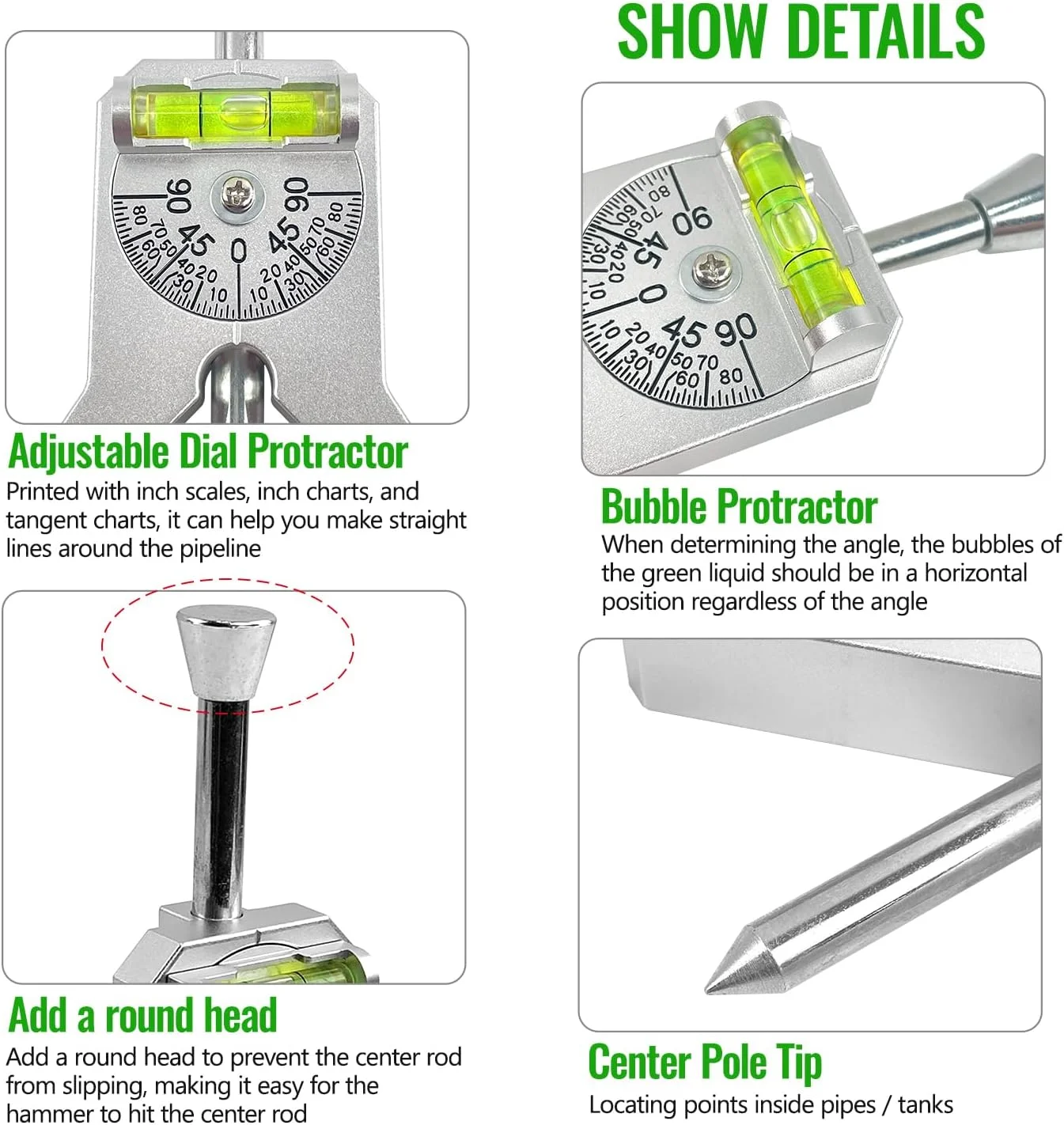 Wyszukiwarka środka rury Pomiar średnicy rury za pomocą regulowanego kątomierza bąbelkowego 4-calowy znacznik rur bezpieczeństwa typu Y Narzędzie z głowicą centrującą