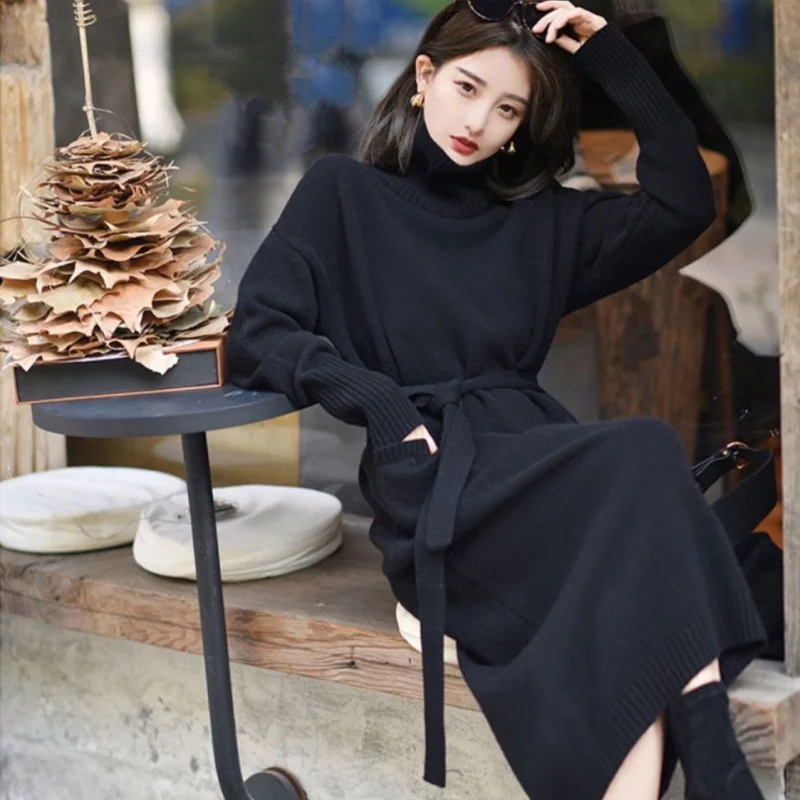 Women's Autumn/Winter Knitted Dress Korean Version Fashion High Collar Versatile Style Slim Solid Color Bottom Long Skirt