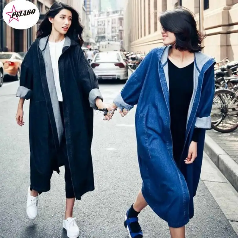 

PULABO Spring Autumn Women Casual Coat Fashion Female Pockets Coat Large Size Long Jean Womens Outerwear Denim Overcoat Trench