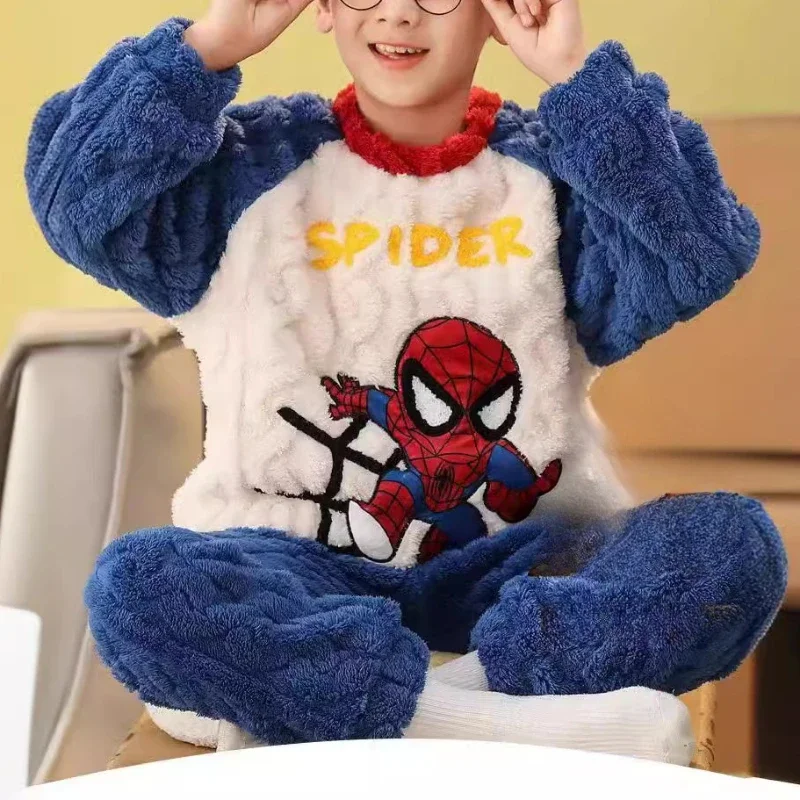 Winter Spiderman Children Clothing Boys Sleepwear Set Flannel Thick Long Sleeve Warm Set Pajamas Two Pieces Kids Clothes Gift