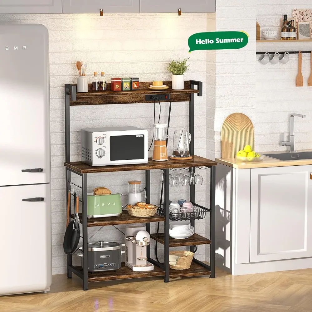 Topfurny Bakers Rack with Power Outlet, Microwave Stand, Kitchen Storage Shelf with Wire Basket