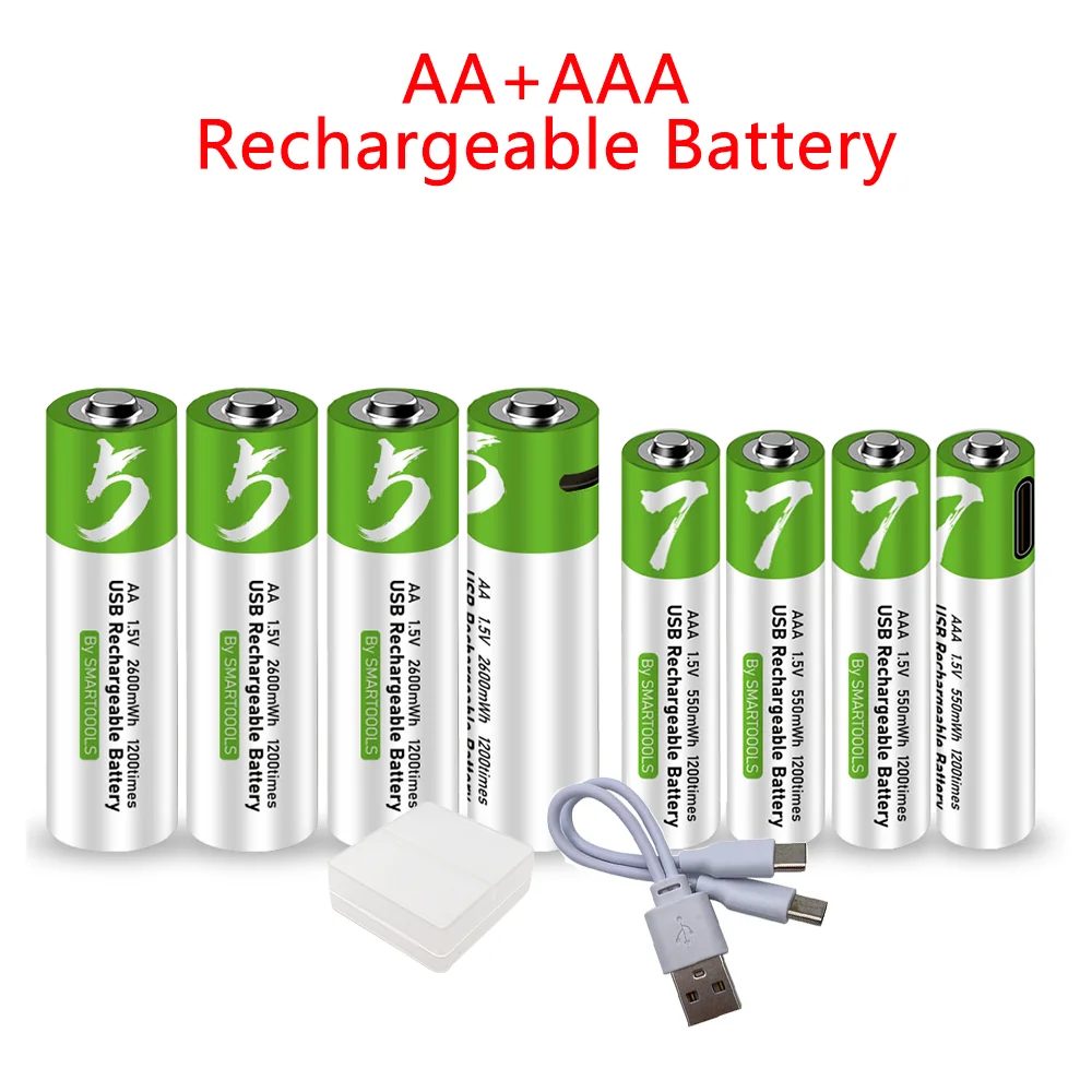 

AA + AAA Rechargeable battery 1.5V AA 2600mWh AAA 750mWh USB rechargeable li-ion batteries for Electric toy battery + Cable