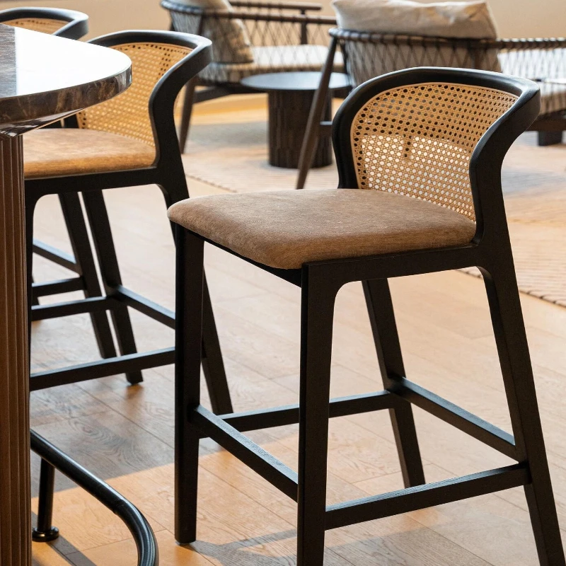 

Solid wood bar chairs Nordic restaurant rattan bar chairs vintage home designer creative front desk high chair stool