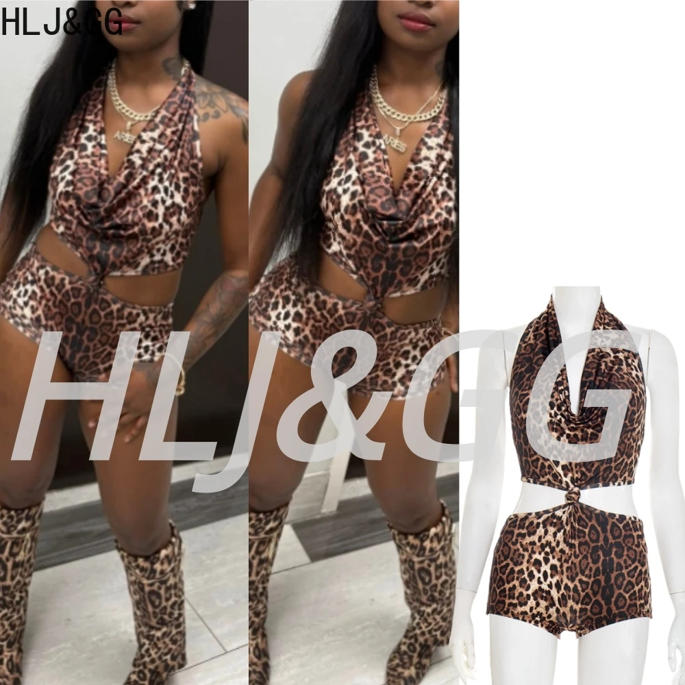 HLJ موضة ليوبارد طباعة الجوف عقدة ضمادة قطعة واحدة ثوب فضفاض للنساء الرسن العميق الخامس أكمام عارية الذراعين سليم بذلة الشارع الشهير #1