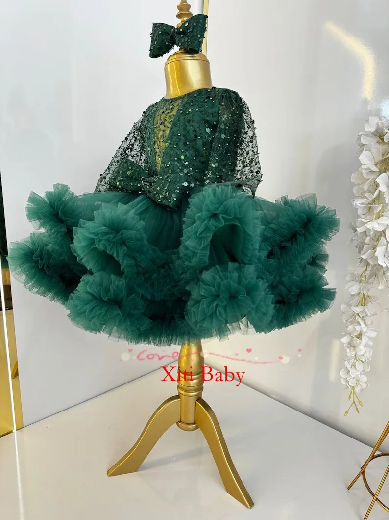 

Emerald Toddler and baby dress Summer Knee length fluffy dress for girls Balloon sleeve party dress Sparkly girl's dress