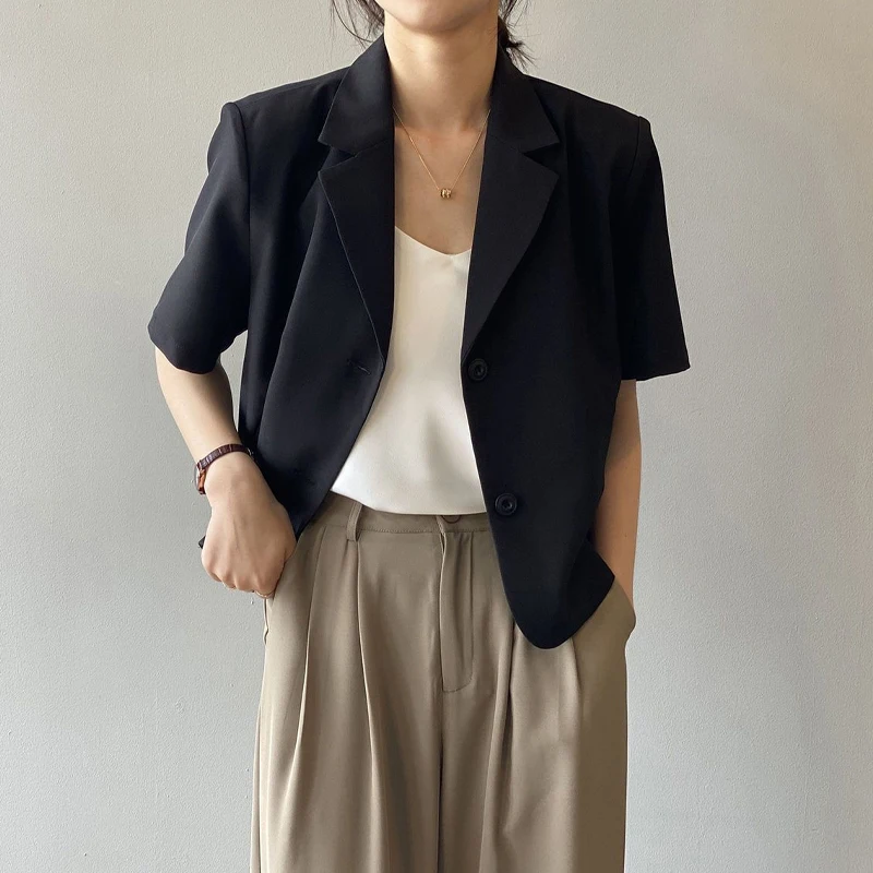 2023 Women's Clothing Solid Color Notched Temperament Button Short Sleeve Premium Loose Casual Summer Thin Office Lady Blazers
