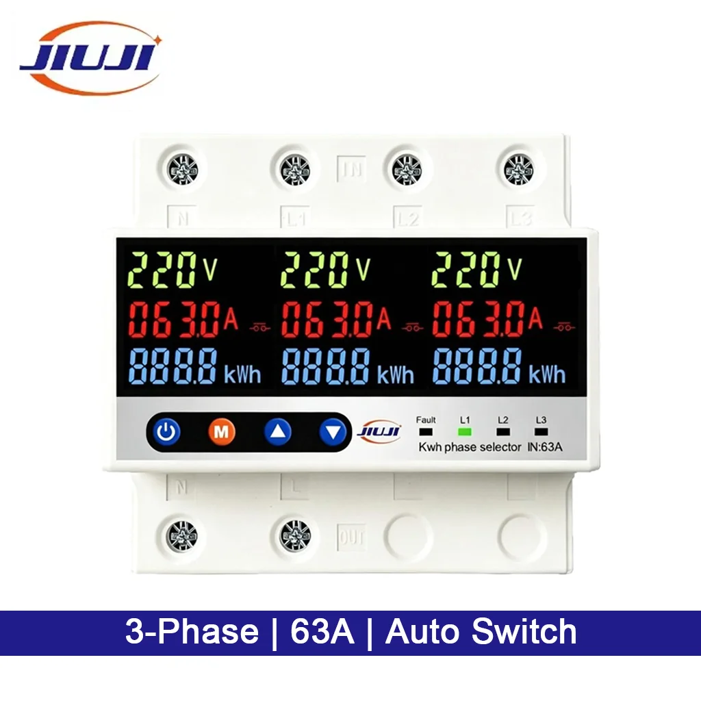 JIUJI JJVPD3‑63VAK 3‑Phase Auto Phase Selector 63A 220V Over Under Voltage Protector Din Rail Kwh Energy Meter Monitor