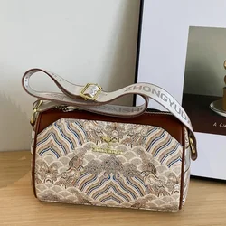 Kangaroo Logo Chinese Style Fashion Printed Wide Strap Women's Handbag High-Quality Gold Hardware Retro Large Capacity Handbag