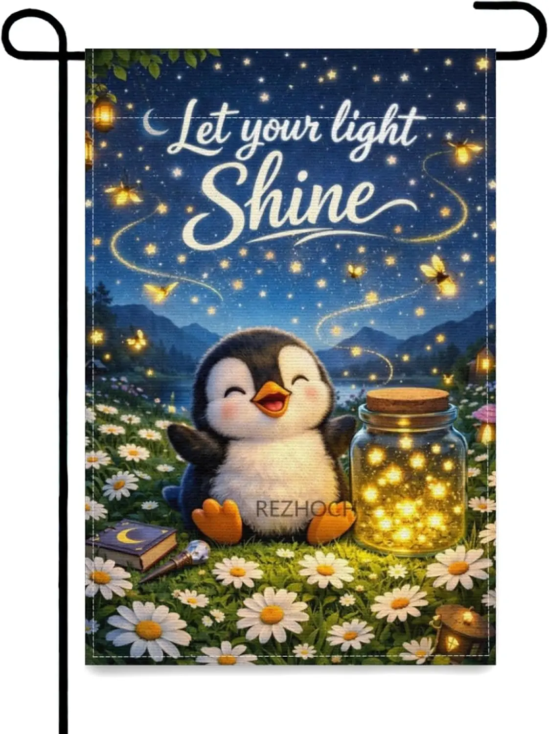 Funny Penguin Garden Flag 12x18Inch Double Sided Let Your Light Shine Home Farm Decor,Cute Animal Fireflies Daisies,Outdoor  PPZ