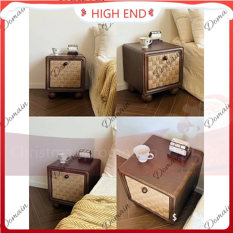 SF Mid-Century Black Walnut Nightstand with Danish Woven Front, French Vintage Bedside Table, Wabi-Sabi Style