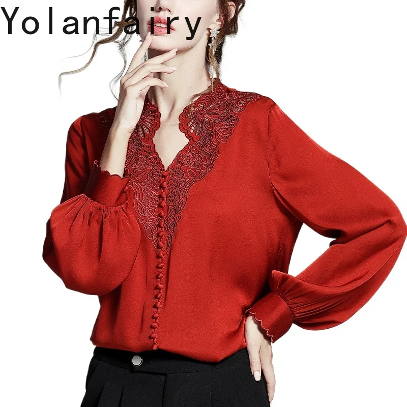 

Женская блузка из 95% натурального шелка тутового шелка YOLANFAIRY, ранняя осень 2023, элегантные женские топы с вышивкой, блузки, красная рубашка