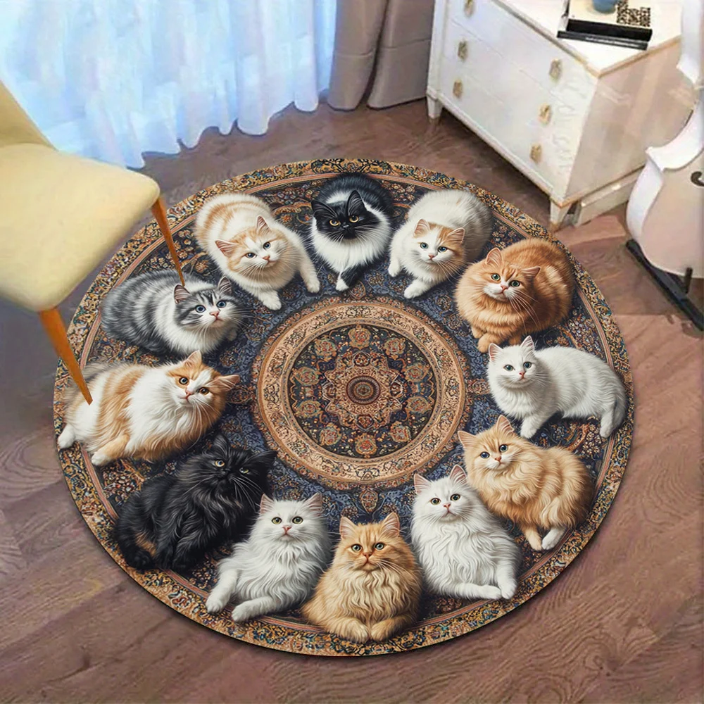 1pc Cute Kitten Pattern Round Rug, Non-slip Floor Mat for Living Room, Bedroom, Bathroom, Holiday Home Decoration