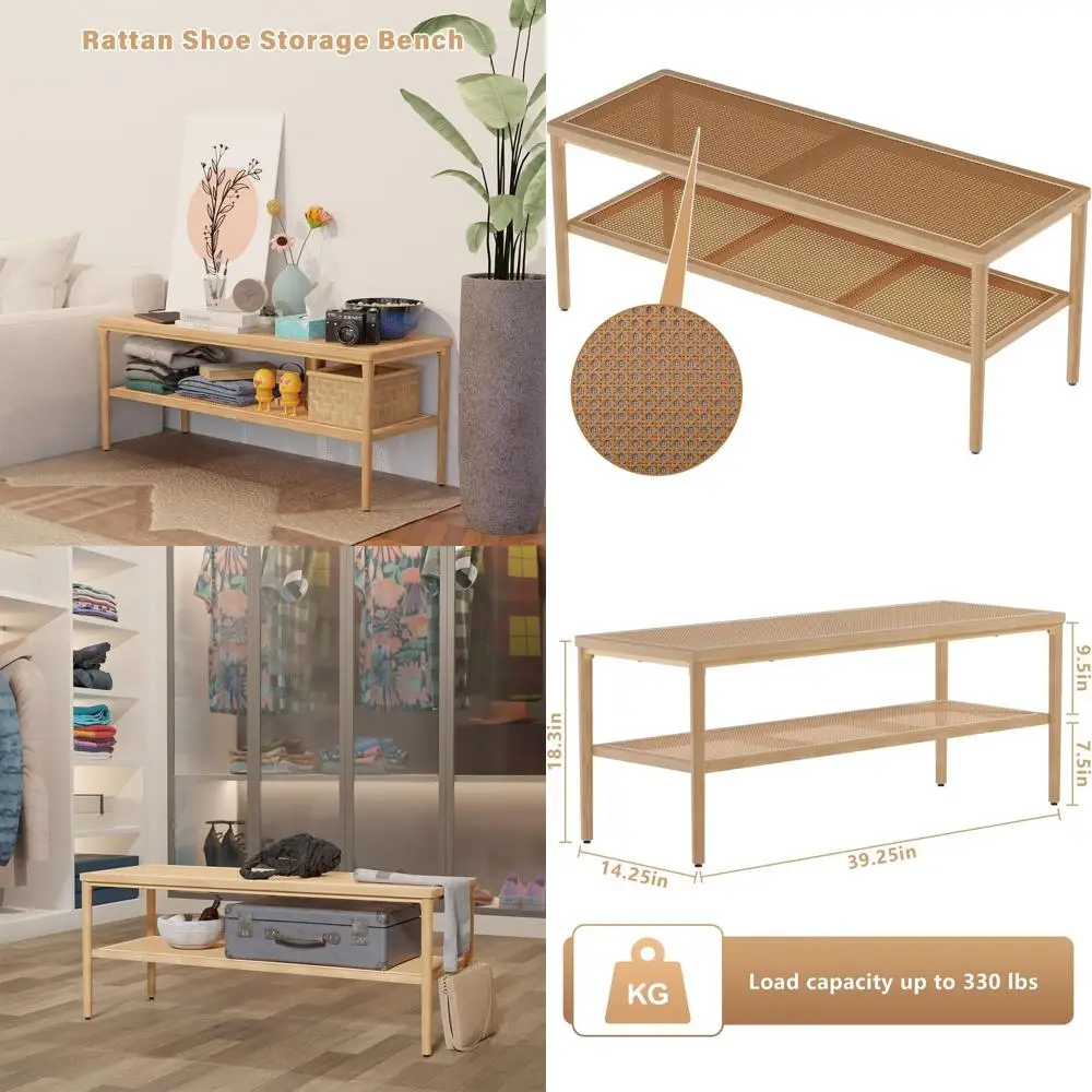 

2-Tier Rattan Shoe Rack Bench with Storage, Home Wicker Organizer for Entryway, Kitchen, Living Room, and Bedroom, Brown