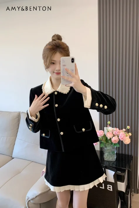 الربيع والخريف النمط الفرنسي سيدة الأسود مطرز التطريز دمية طوق المخملية سترة عالية الخصر ضئيلة تنورة قصيرة قطعتين مجموعة #1