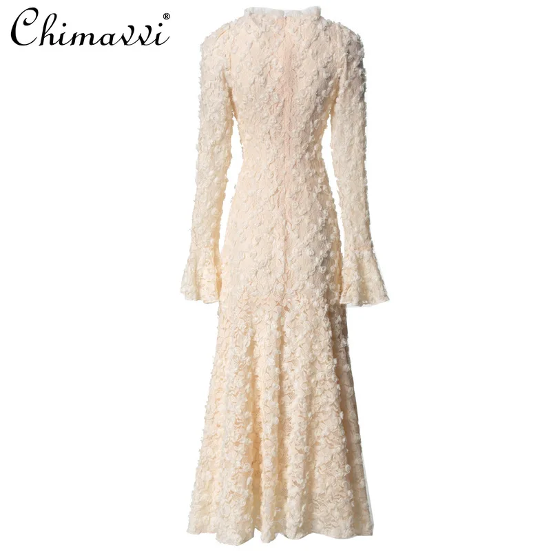 Schwere 3D Floral Square Neck Ausgestelltes Langarm Vintage Prinzessin Kleid frauen Herbst Neue Mode High-End Slim fit Elegante Kleid