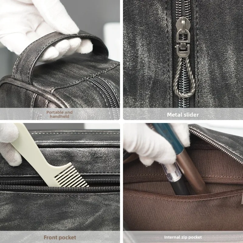 Bolsa de higiene pessoal de viagem masculina, bolsa de cosméticos de couro vintage portátil para viagem de negócios ao ar livre, sacos de armazenamento de suprimentos