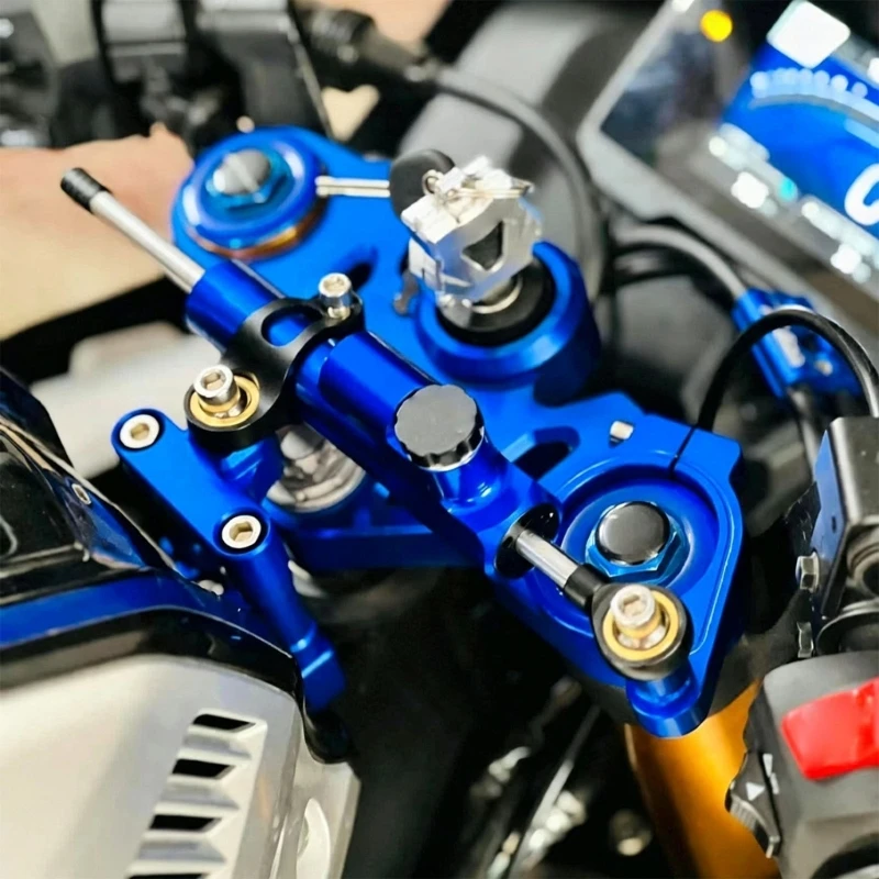 Hydraulic Motorcycle Steering Damper with Polished Rod Hardware, Eyelet Mounts, Gold Clamp Bracket, and Street Use X37F